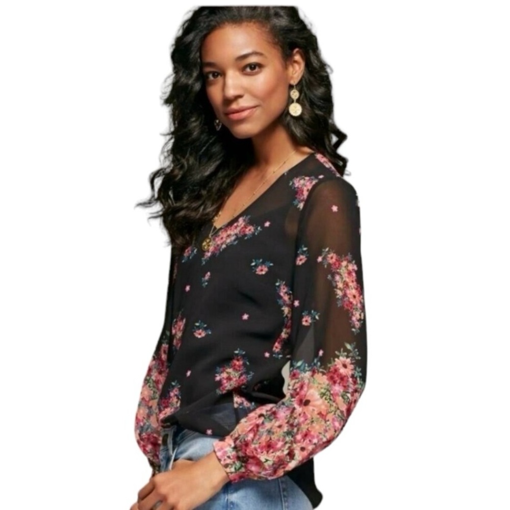 CAbi Black Floral Blouse with Pink Accents